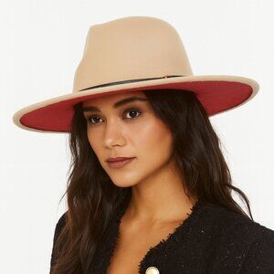 Beige Fedora Hat for Women Red Bottom Wide Brim Felt with Belt Band NWT